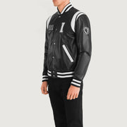 Black &amp; White Sheepskin Leather Varsity Jacket - Back View Showing Tailored Shoulder Fit &amp; Clean Hemline