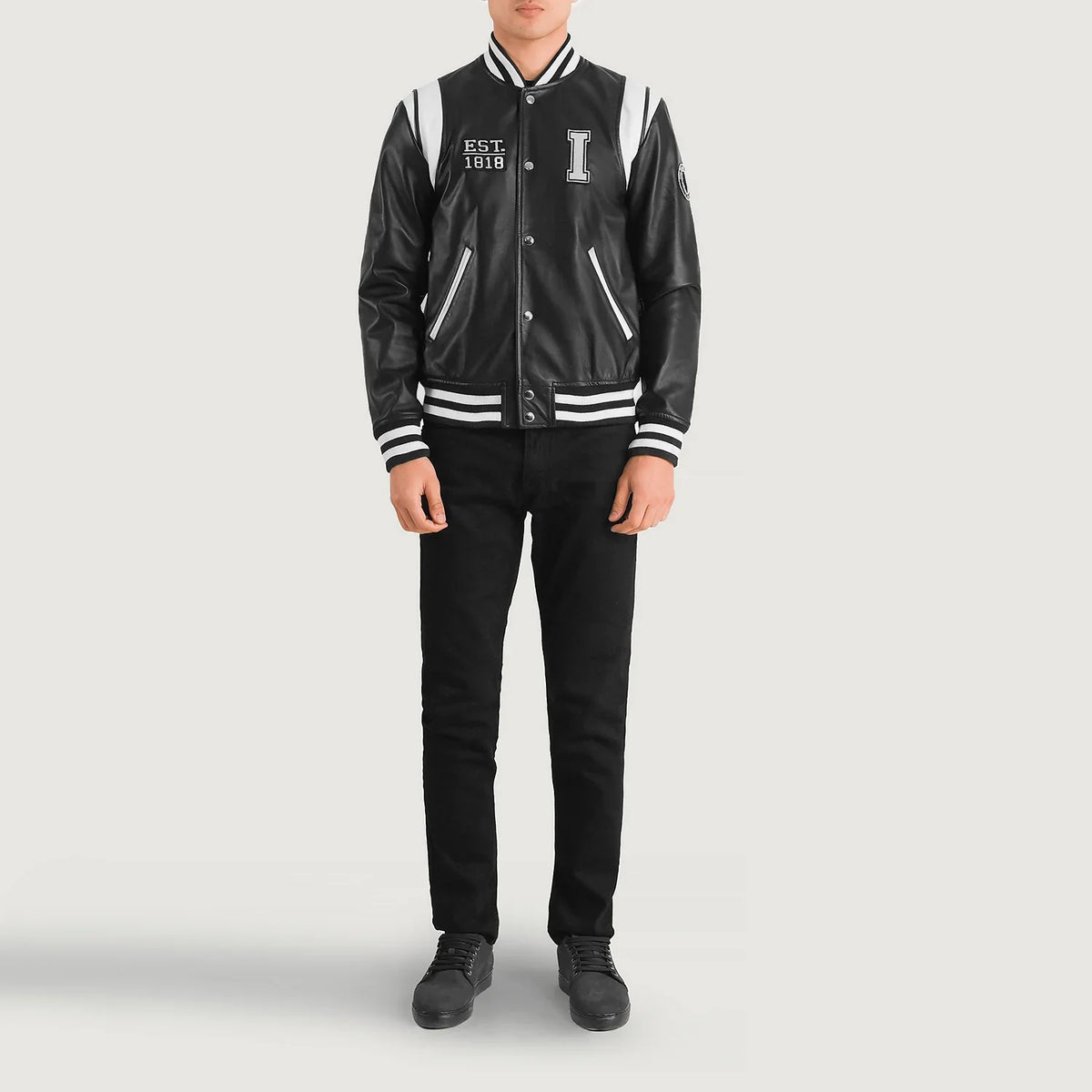 Liberte Illinois ブラック Leather Varsity レザージャケット メンズ - Lateral Side Profile View Showing Sleeve Cut &amp; Athletic Taper Fit