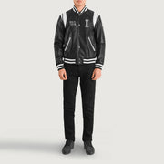 Liberte Illinois ブラック Leather Varsity レザージャケット メンズ - Lateral Side Profile View Showing Sleeve Cut &amp; Athletic Taper Fit