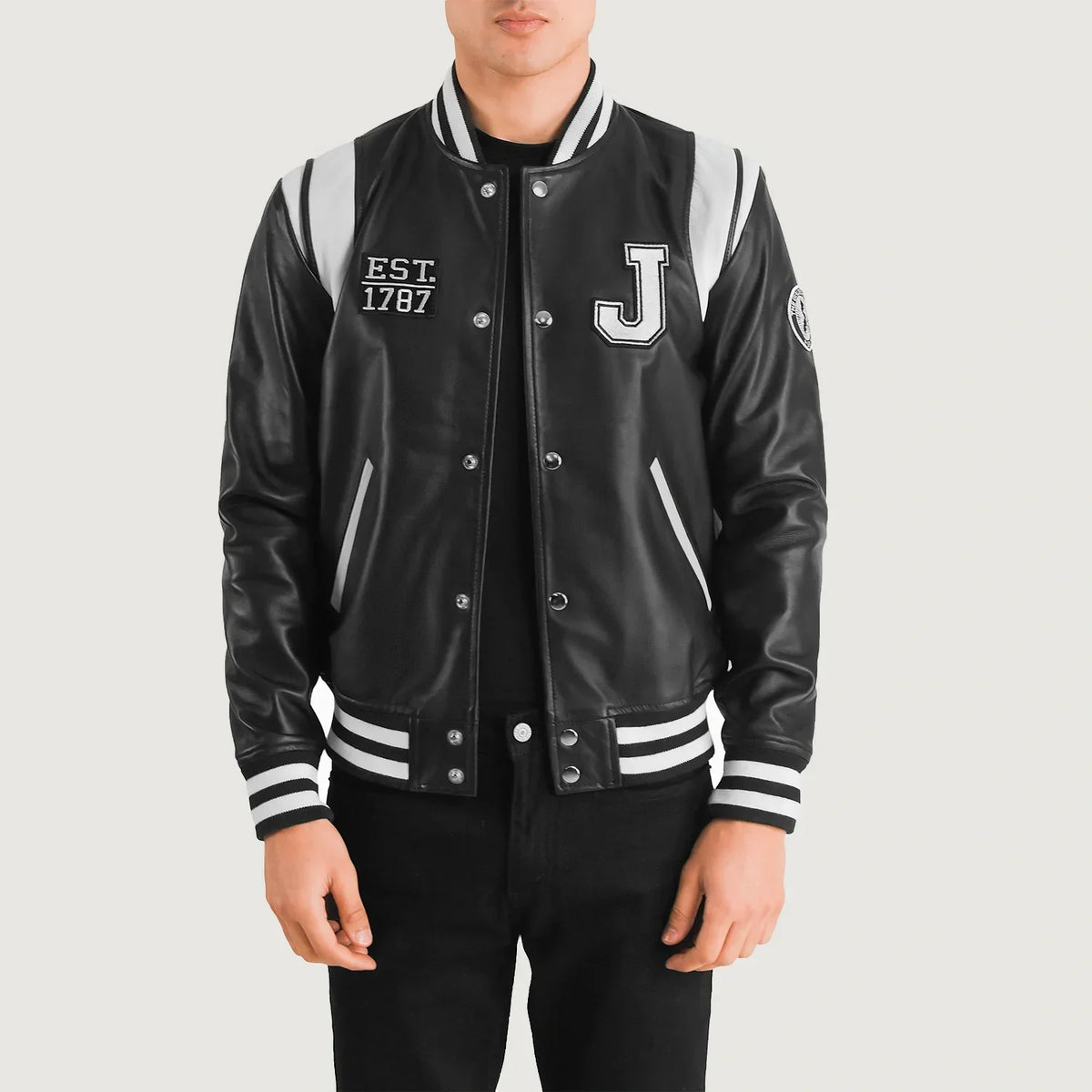 Liberte New Jersey ブラック Leather Varsity レザージャケット メンズ in Black &amp; White Sheepskin Leather - Front Profile View &amp; Tailored Silhouette | Buy Online