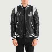 Liberte New Jersey ブラック Leather Varsity レザージャケット メンズ in Black &amp; White Sheepskin Leather - Front Profile View &amp; Tailored Silhouette | Buy Online