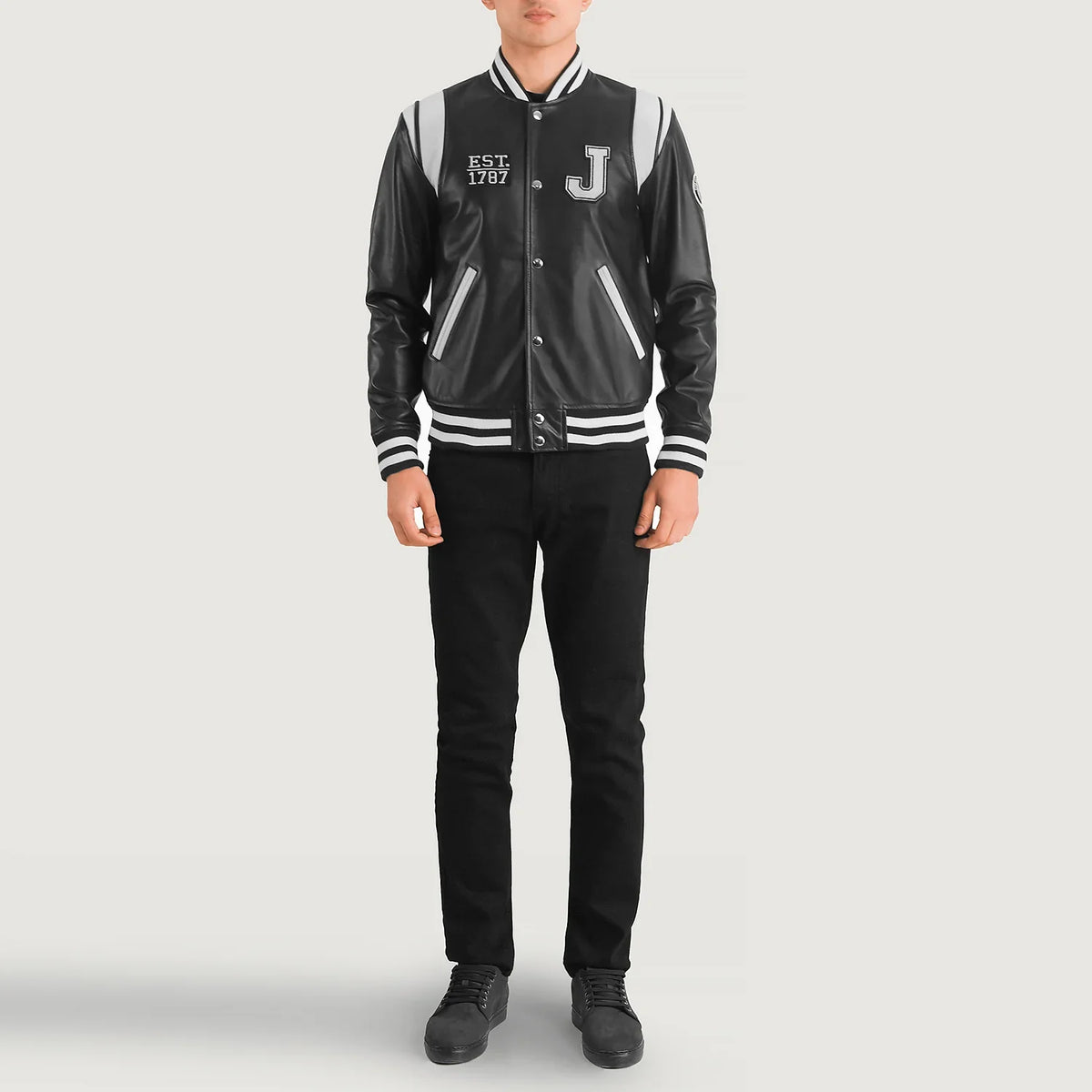 Liberte New Jersey ブラック Leather Varsity レザージャケット メンズ - Lateral Side Profile View Showing Sleeve Cut &amp; Athletic Taper Fit