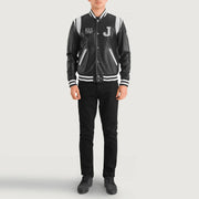 Liberte New Jersey ブラック Leather Varsity レザージャケット メンズ - Lateral Side Profile View Showing Sleeve Cut &amp; Athletic Taper Fit
