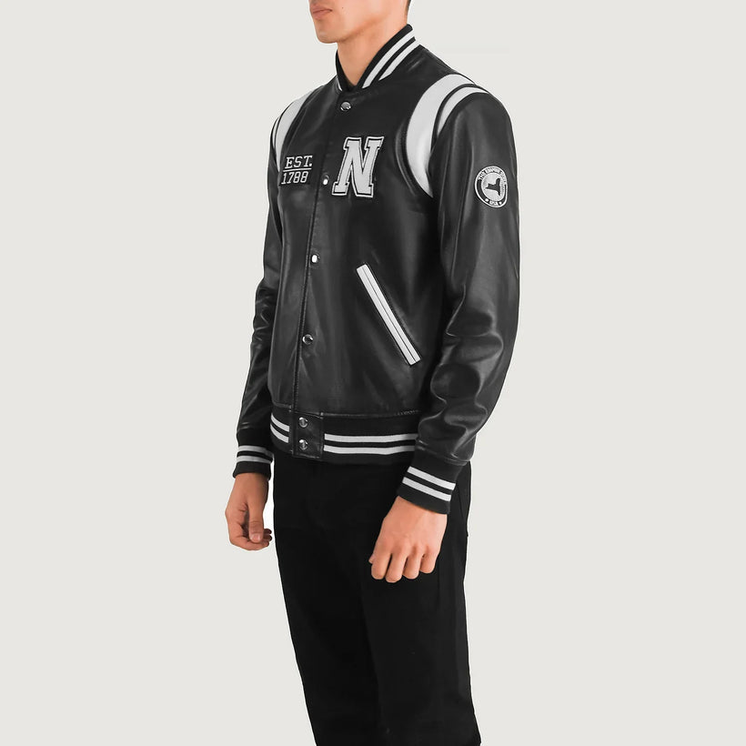 Liberte New York ブラック Leather Varsity レザージャケット メンズ