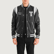 Liberte Texas ブラック Leather Varsity レザージャケット メンズ in Black &amp; White Sheepskin Leather - Front Profile View &amp; Tailored Silhouette | Buy Online