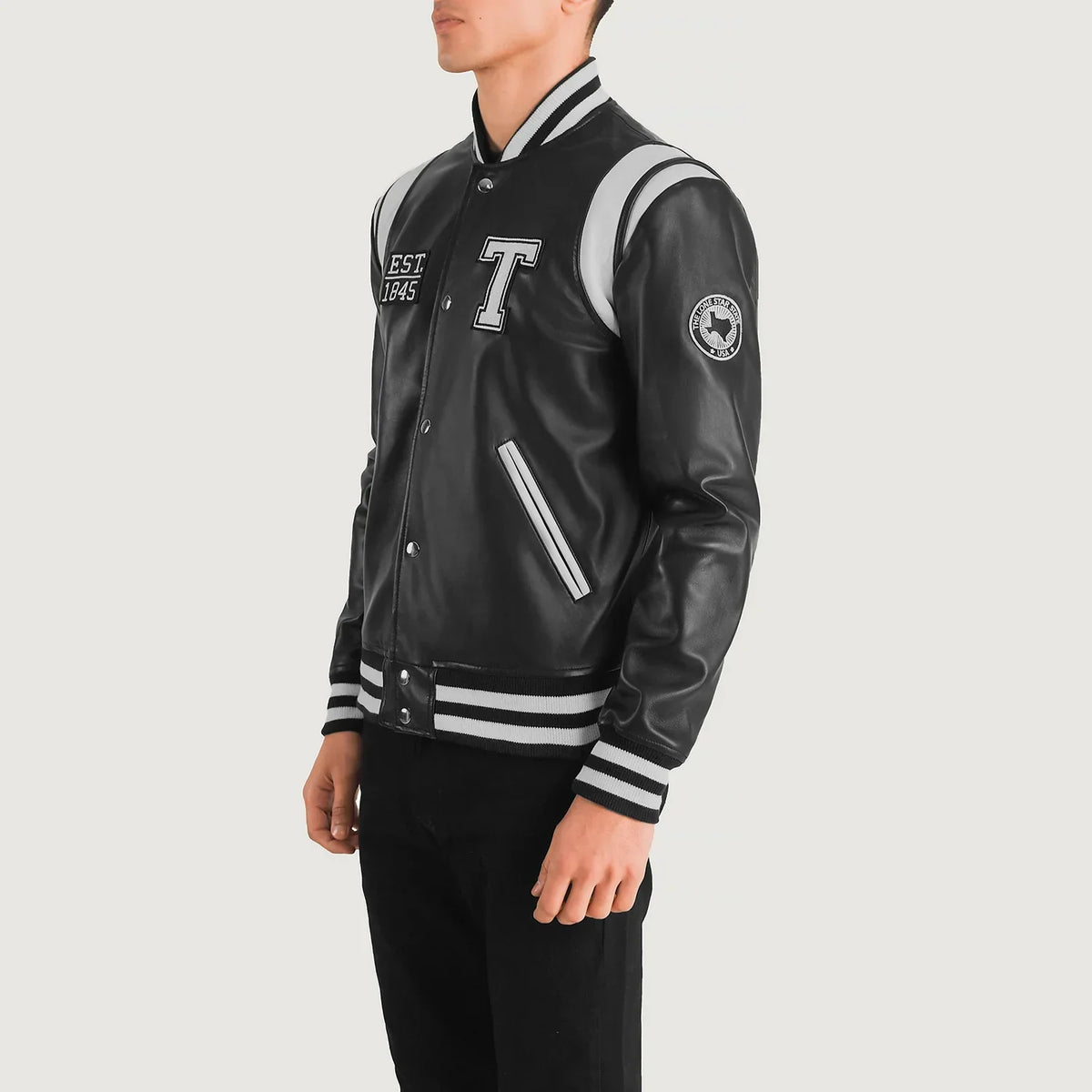 Black &amp; White Sheepskin Leather Varsity Jacket - Back View Showing Tailored Shoulder Fit &amp; Clean Hemline