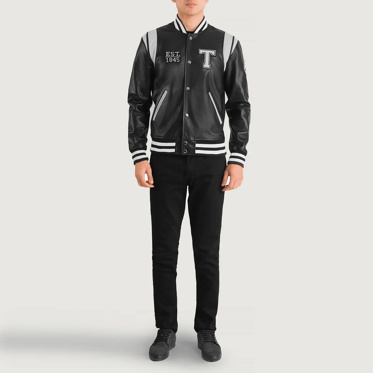 Liberte Texas ブラック Leather Varsity レザージャケット メンズ - Lateral Side Profile View Showing Sleeve Cut &amp; Athletic Taper Fit
