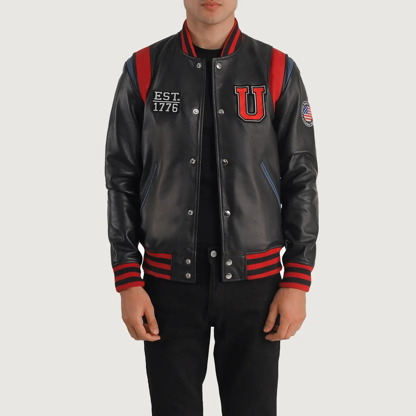 Liberte Usa ブラック Leather Varsity レザージャケット メンズ