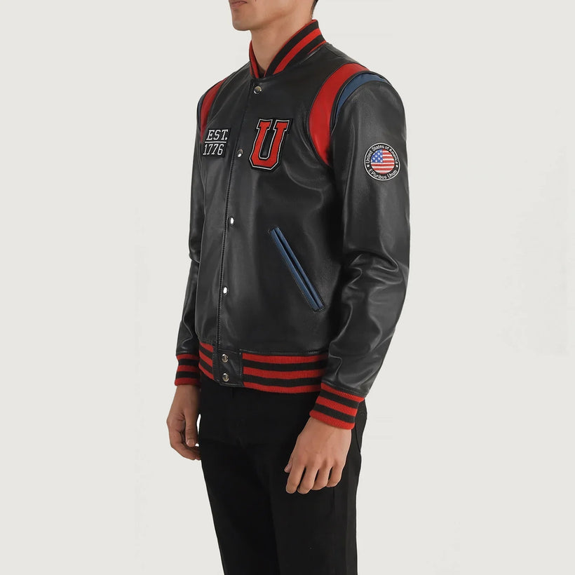 Liberte Usa ブラック Leather Varsity レザージャケット メンズ