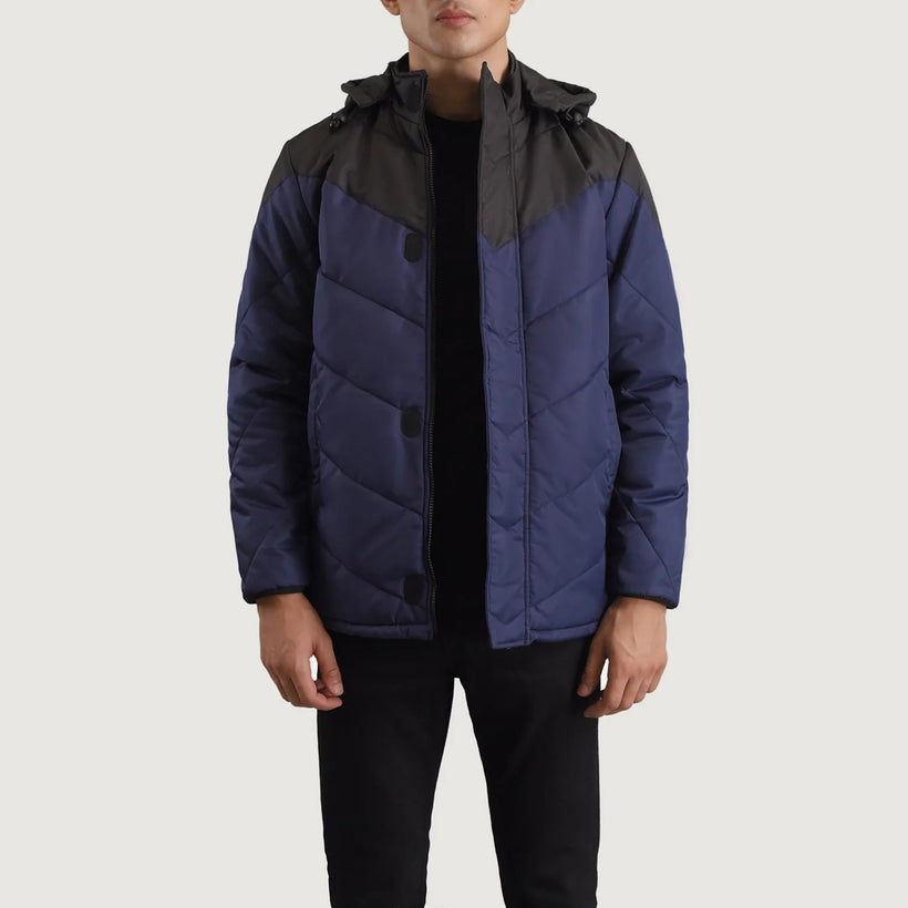 Luka ブラック & ブルー Hooded Puffer レザージャケット メンズ