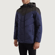 
Black & Blue Full-Grain Leather Hooded Jacket - 美しい肩のラインと裾の仕立てが際立つ背面ビュー