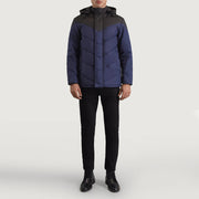 
Luka ブラック & ブルー Hooded Puffer レザージャケット メンズ - 袖の立体カッティングと洗練されたテーパードフィットを見せる側面ビュー