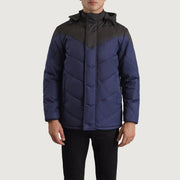 
クローズアップ詳細 of Classic Collar & Zipper With Velcro Placket Hardware on Luka ブラック & ブルー Hooded Puffer レザージャケット メンズ