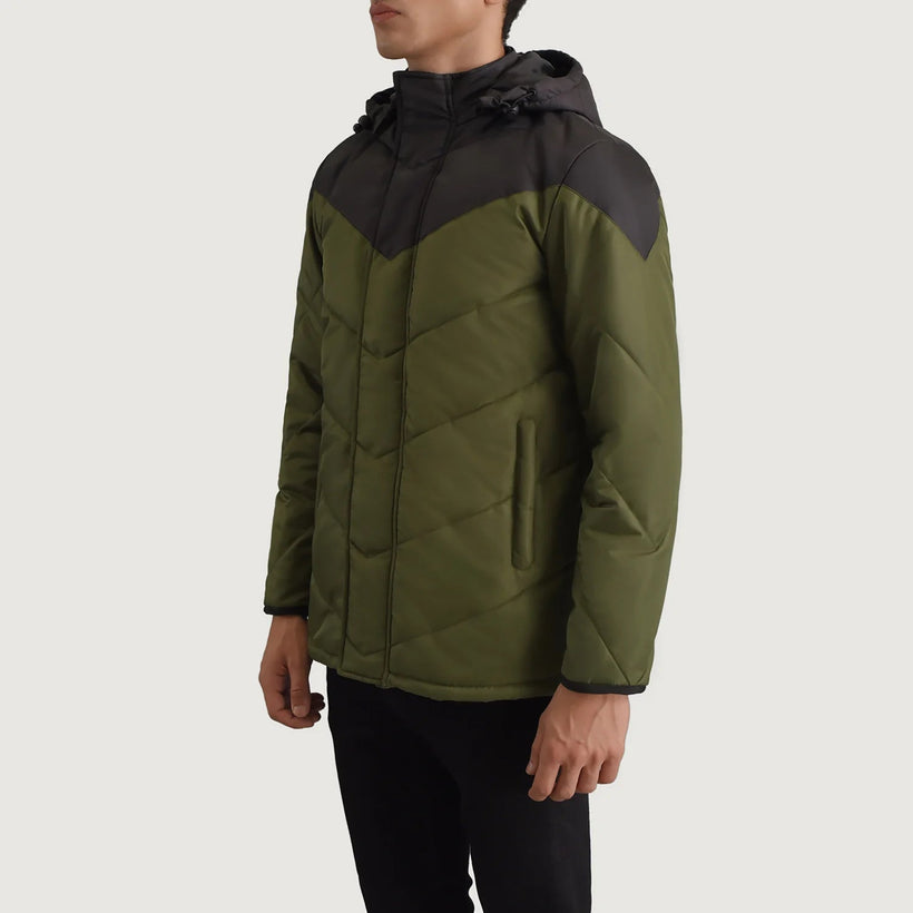 Luka ブラック & グリーン Hooded Puffer レザージャケット メンズ