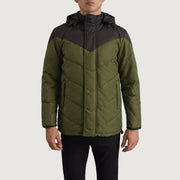 
クローズアップ詳細 of Classic Collar & Zipper With Velcro Placket Hardware on Luka ブラック & グリーン Hooded Puffer レザージャケット メンズ