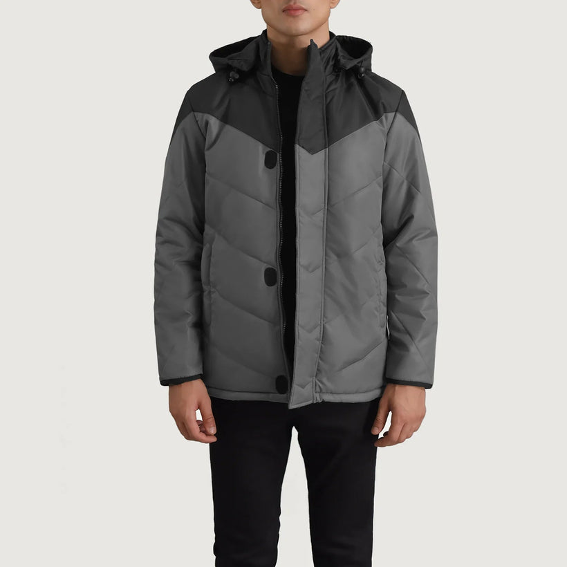 Luka ブラック & グレー Hooded Puffer レザージャケット メンズ