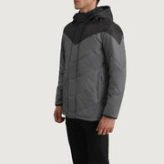 
Black & Grey Full-Grain Leather Hooded Jacket - 美しい肩のラインと裾の仕立てが際立つ背面ビュー