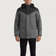 
クローズアップ詳細 of Classic Collar & Zipper With Velcro Placket Hardware on Luka ブラック & グレー Hooded Puffer レザージャケット メンズ