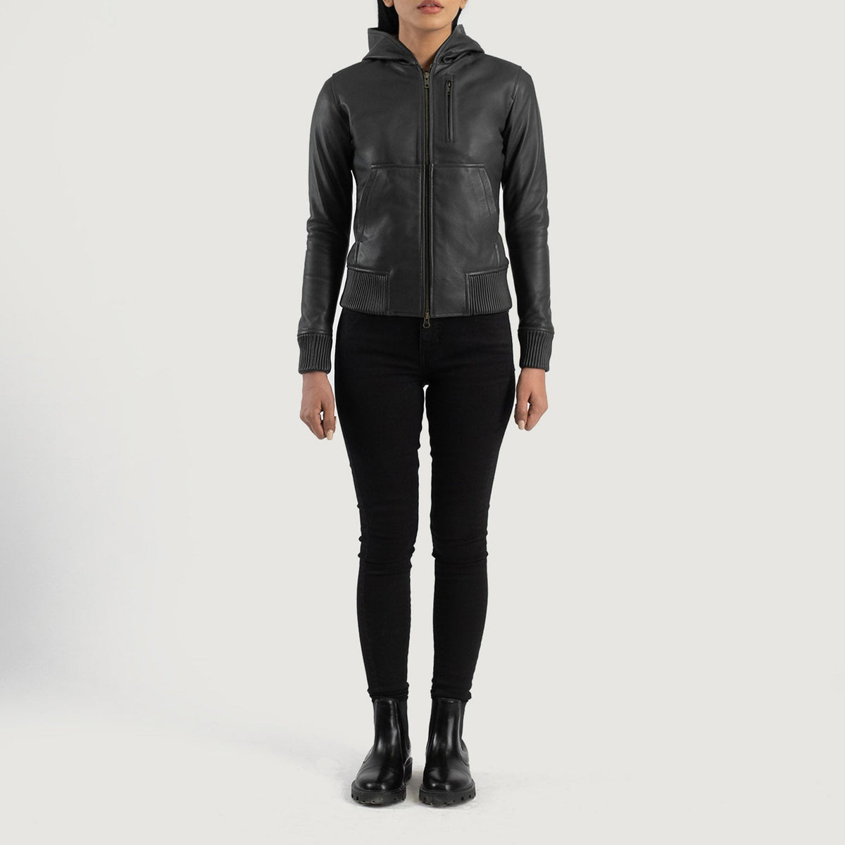 Luna Hooded レザーボンバージャケット レディース – alternate product view 3