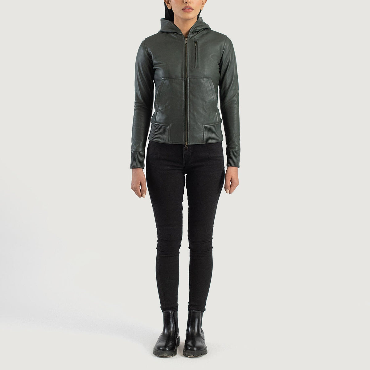Luna Hooded レザーボンバージャケット レディース – alternate product view 3