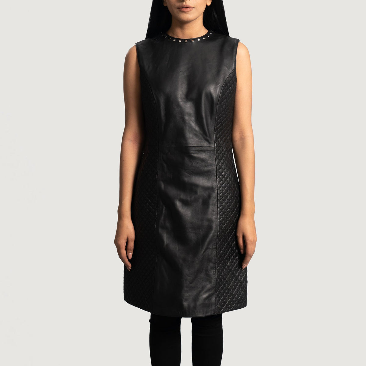 Women's Luxe ブラック Leather Dress レディース in Black Sheepskin Leather - Front Profile View &amp; Tailored Silhouette | Buy Online