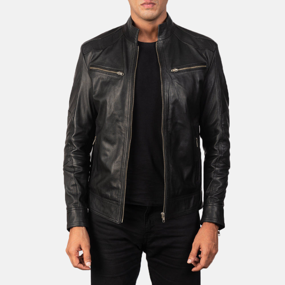 Men's Mack ブラック レザーライダースジャケット メンズ in Black Goatskin Leather - Front Profile View &amp; Tailored Silhouette | Buy Online