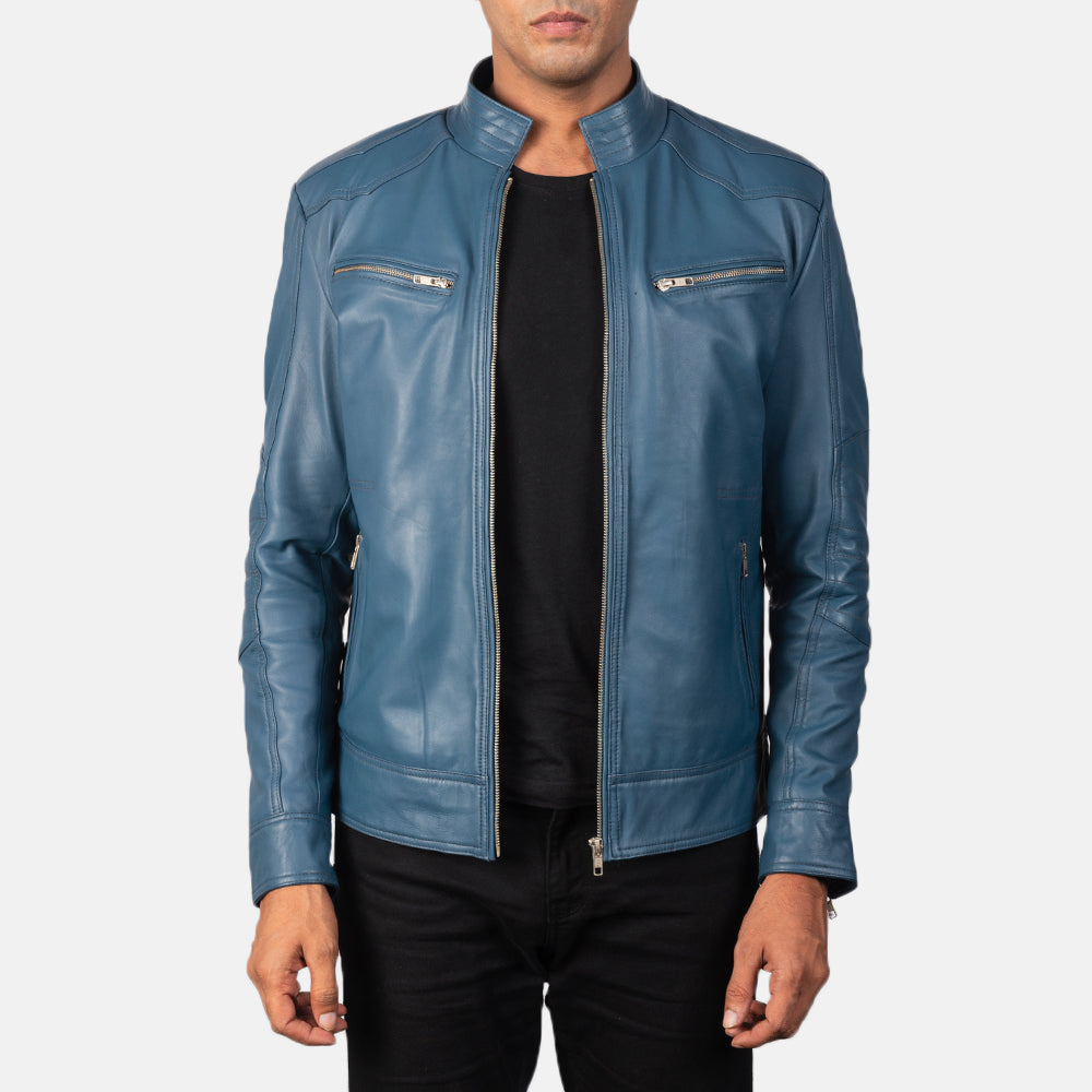 Mack ブルー レザーライダースジャケット メンズ in Blue Sheepskin Leather - Front Profile View &amp; Tailored Silhouette | Buy Online