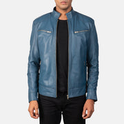 Mack ブルー レザーライダースジャケット メンズ in Blue Sheepskin Leather - Front Profile View &amp; Tailored Silhouette | Buy Online