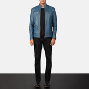 Mack ブルー レザーライダースジャケット メンズ - Lateral Side Profile View Showing Sleeve Cut &amp; Athletic Taper Fit