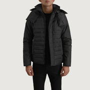 
Malcolm ブラック Hooded Puffer レザージャケット メンズ ブラック カウハイド本革 - 正面スタイル＆テーラードシルエット | 公式オンライン通販