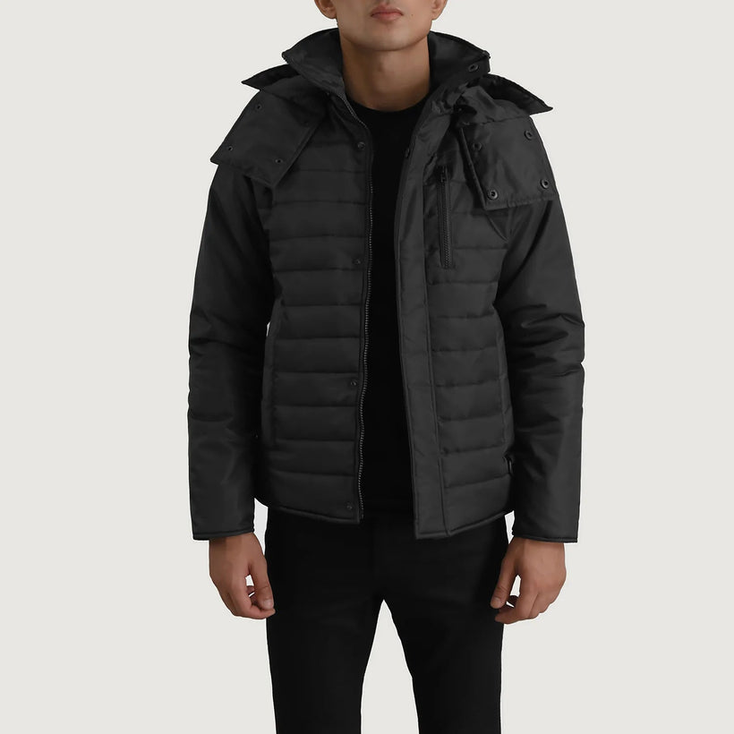 Malcolm ブラック Hooded Puffer レザージャケット メンズ