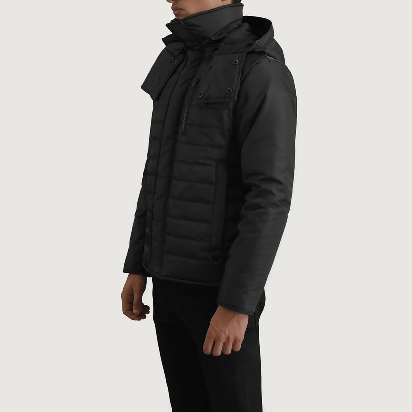Malcolm ブラック Hooded Puffer レザージャケット メンズ