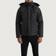 
クローズアップ詳細 of Classic Collar & Zipper With Placket Hardware on Malcolm ブラック Hooded Puffer レザージャケット メンズ