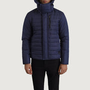 
クローズアップ詳細 of Classic Collar & Zipper With Placket Hardware on Malcolm ブルー Hooded Puffer レザージャケット メンズ