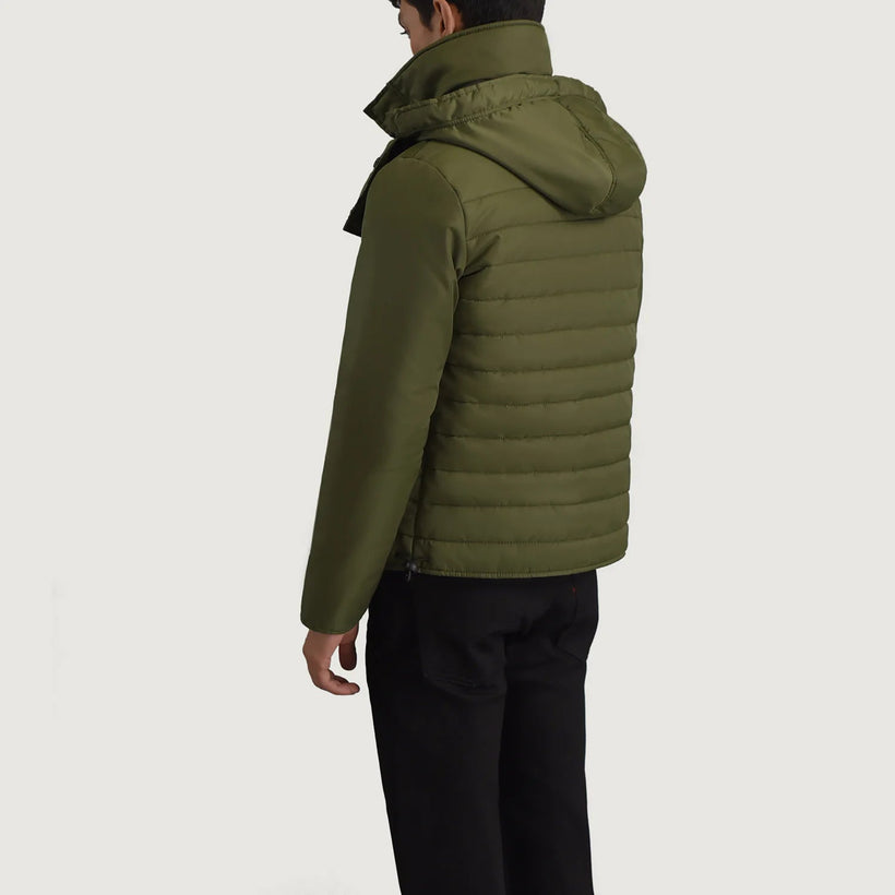 Malcolm グリーン Hooded Puffer レザージャケット メンズ