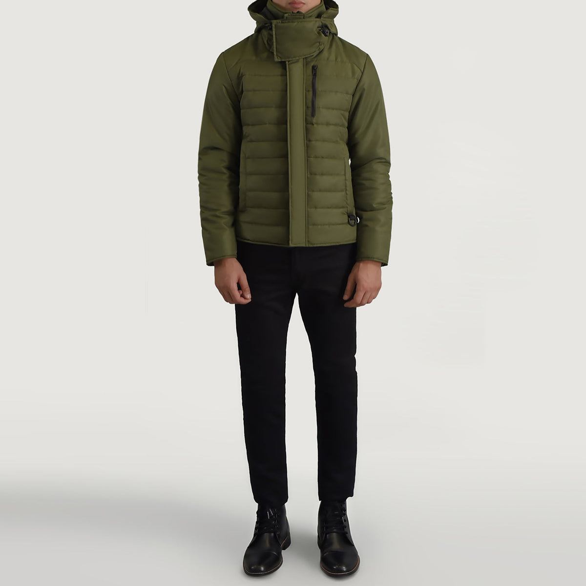 
クローズアップ詳細 of Classic Collar & Zipper With Placket Hardware on Malcolm グリーン Hooded Puffer レザージャケット メンズ
