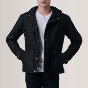 Marlo ブラック Canvas Hooded Work レザージャケット メンズ For Men in Black Waxed Cotton Canvas - Front Profile View &amp; Tailored Silhouette | Buy Online