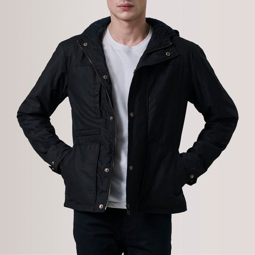 Marlo ブラック Canvas Hooded Work レザージャケット メンズ