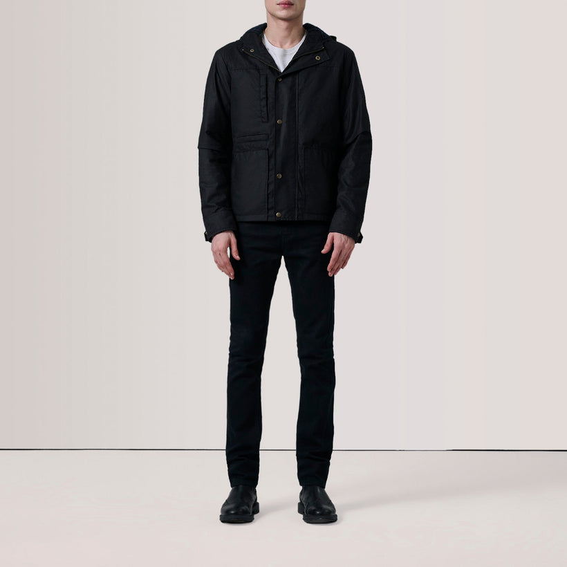 Marlo ブラック Canvas Hooded Work レザージャケット メンズ