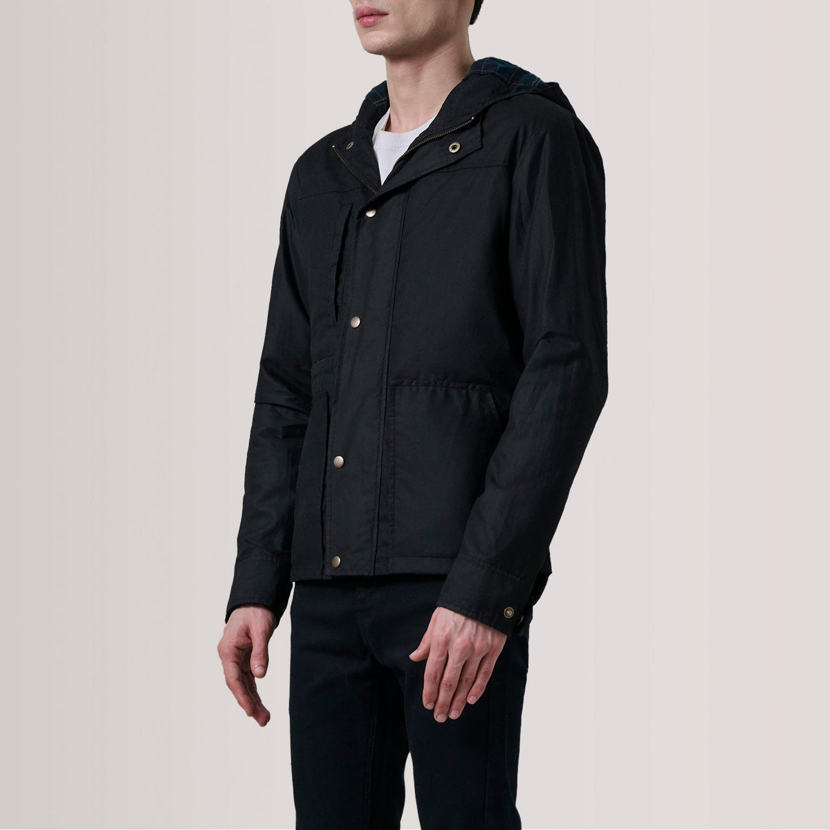 Marlo ブラック Canvas Hooded Work レザージャケット メンズ For Men - Lateral Side Profile View Showing Sleeve Cut &amp; Athletic Taper Fit