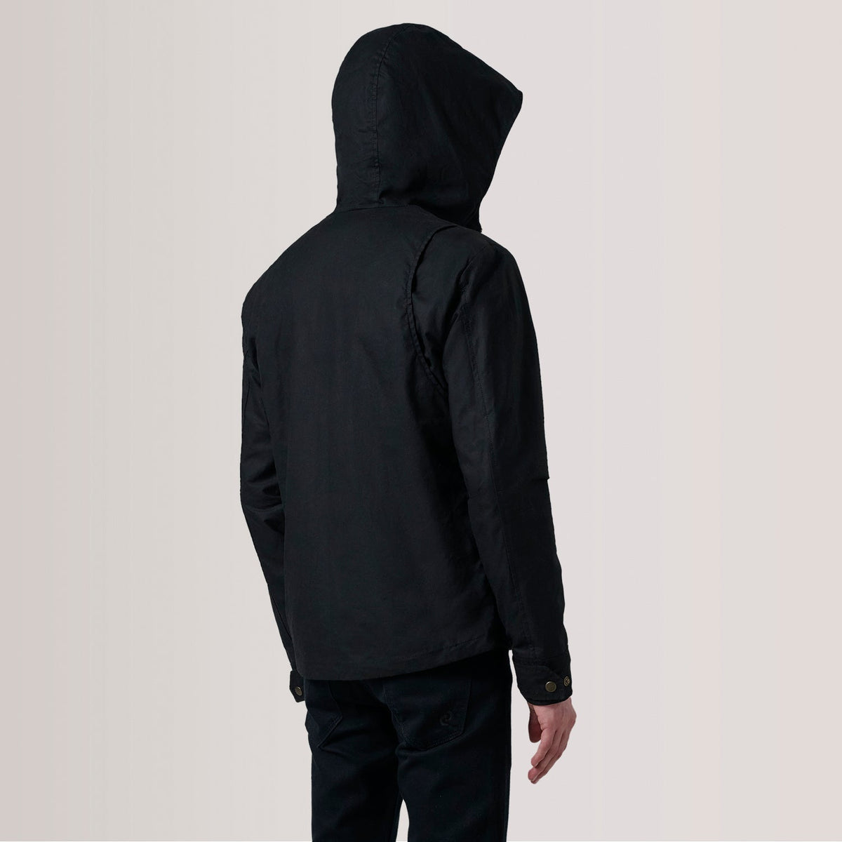Close-Up Detail of Hooded &amp; Zipper with placket Hardware on Marlo ブラック Canvas Hooded Work レザージャケット メンズ For Men