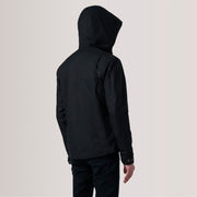 Close-Up Detail of Hooded &amp; Zipper with placket Hardware on Marlo ブラック Canvas Hooded Work レザージャケット メンズ For Men