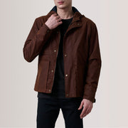 Marlo Brown Canvas Hooded Work Jacket For Men in Brown Waxed Cotton Canvas - Front Profile View & Tailored Silhouette | Buy Online