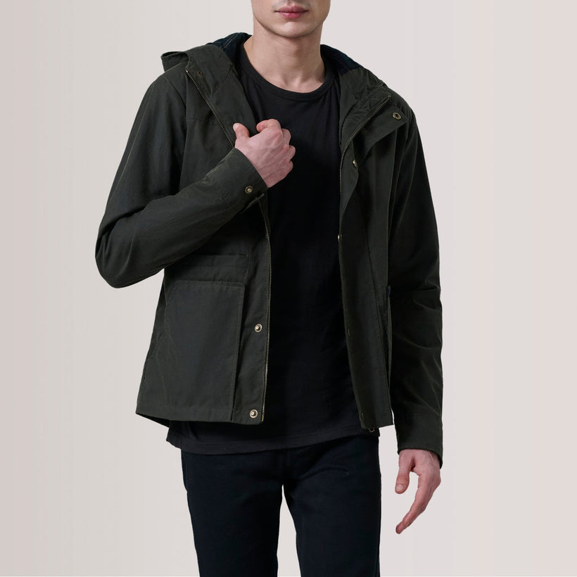 Marlo Olive Canvas Hooded Work レザージャケット メンズ