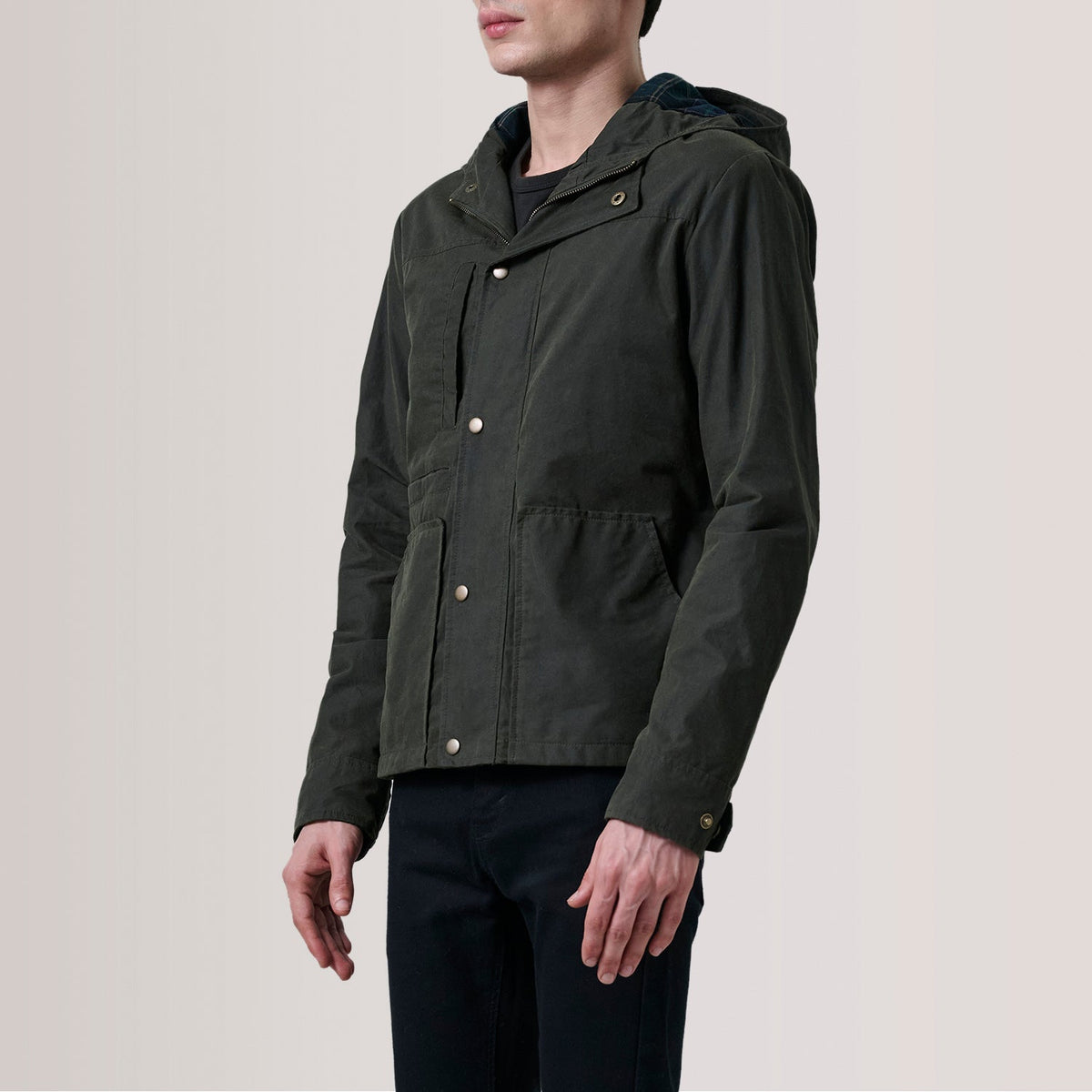 Marlo Olive Canvas Hooded Work レザージャケット メンズ For Men - Lateral Side Profile View Showing Sleeve Cut &amp; Athletic Taper Fit