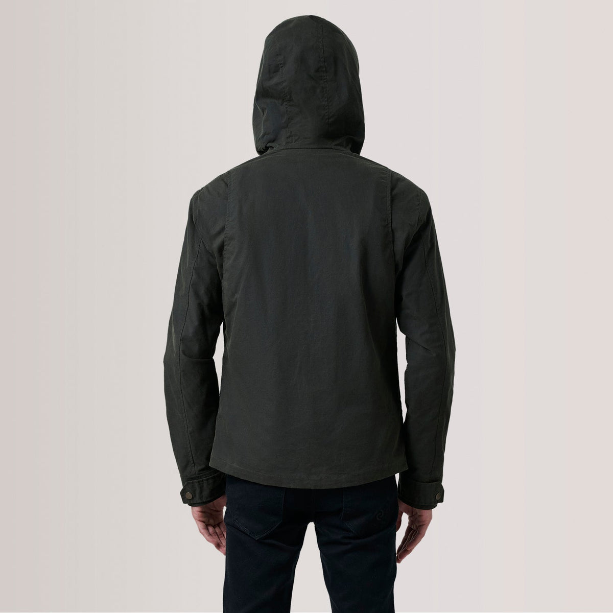 Close-Up Detail of Hooded &amp; Zipper with placket Hardware on Marlo Olive Canvas Hooded Work レザージャケット メンズ For Men