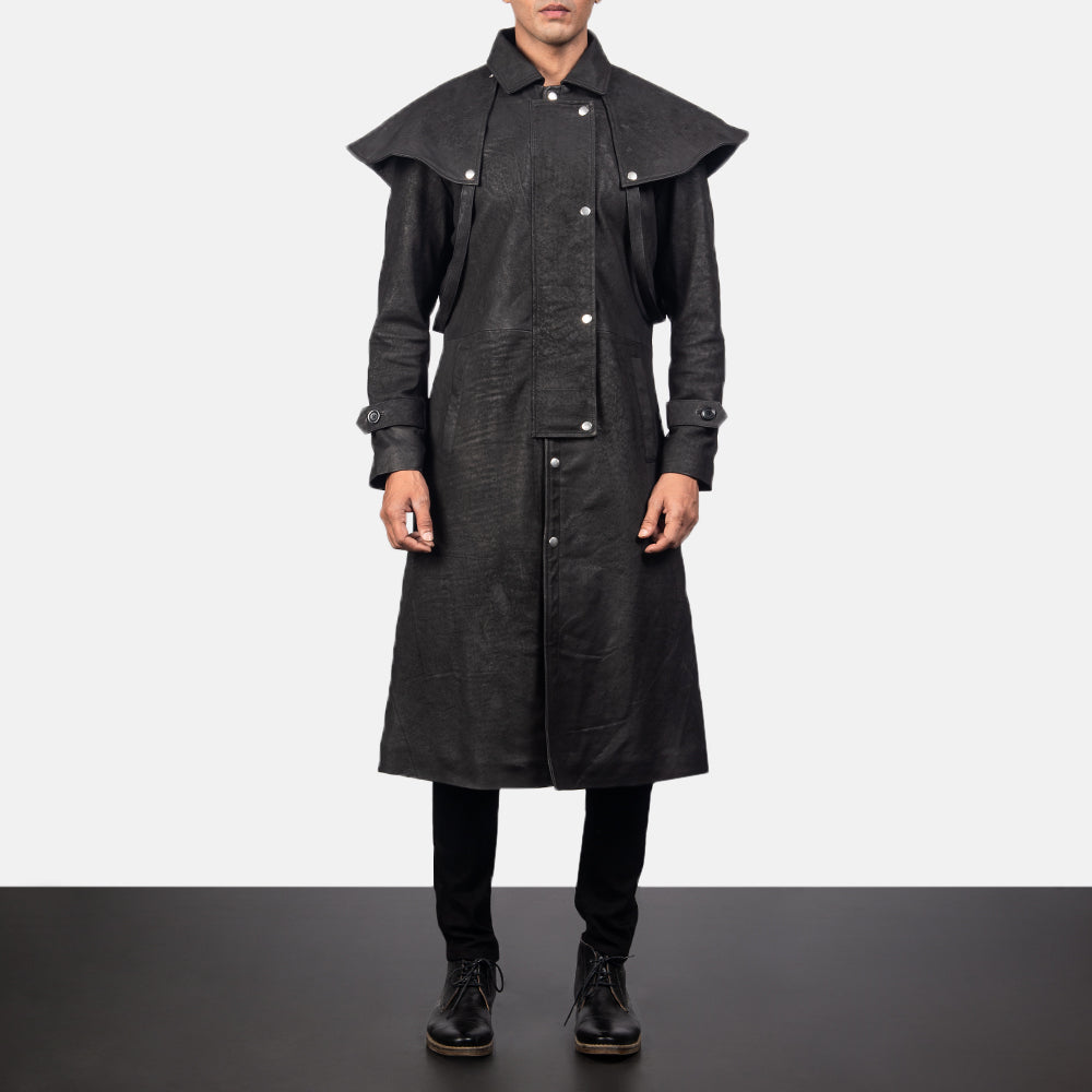 
Maverick ブラック Leather Duster メンズ in Distressed Black Sheepskin Snuffed - 正面スタイル＆テーラードシルエット | 公式オンライン通販