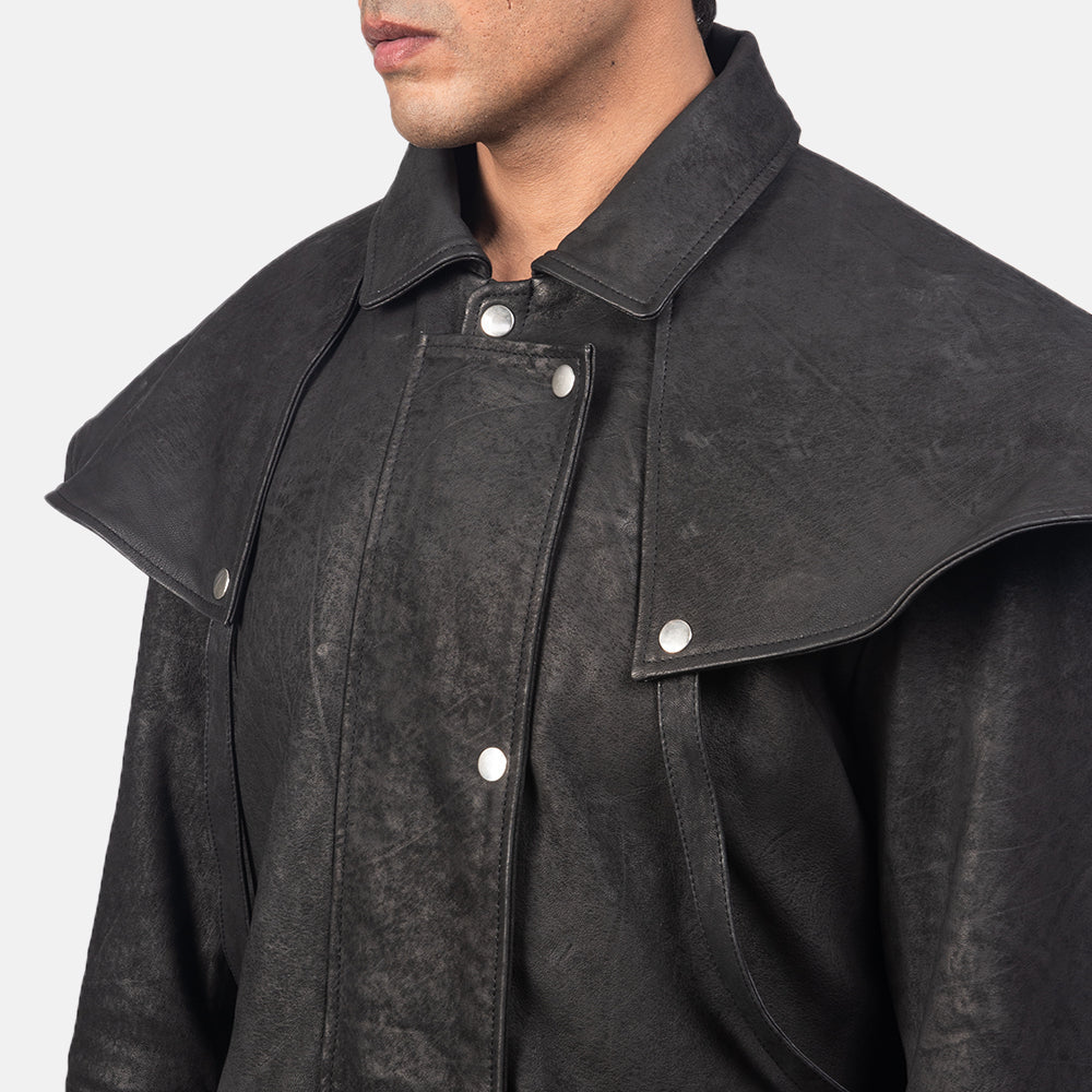 
クローズアップ詳細 of Shirt & Heavy-Duty Zipper Hardware on Maverick ブラック Leather Duster メンズ