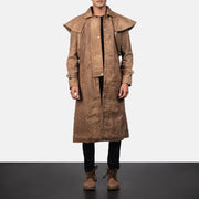 Men's Maverick ブラウン Leather Duster メンズ in Distressed Brown Sheepskin Snuffed - Front Profile View &amp; Tailored Silhouette | Buy Online