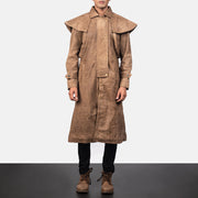 Close-Up Detail of Shirt &amp; Heavy-Duty Zipper Hardware on Men's Maverick ブラウン Leather Duster メンズ